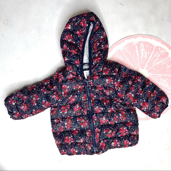 Baby Gap floral puffer coat 6-12 months navy and pink primaloft fill - Picture 1 of 7